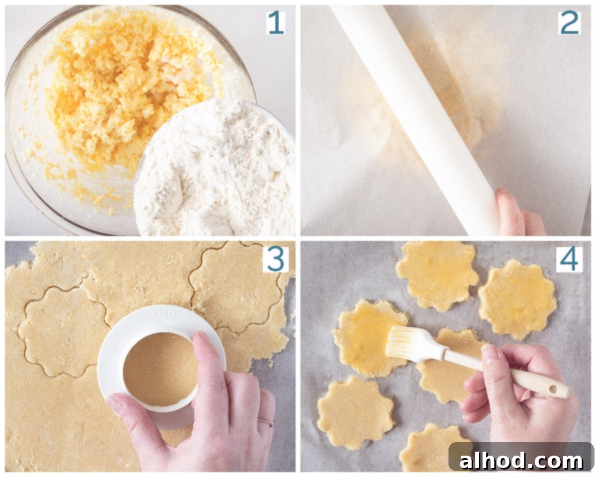 Delicate French Butter Sables 4 A four-panel collage illustrating the key stages of preparing French Sable cookies: creaming butter and sugar, mixing in eggs and flour, rolling out the dough between parchment paper, and cutting out shapes before baking.