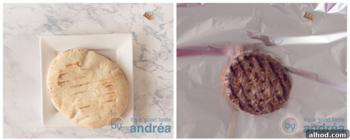Mediterranean Feta Burgers Made Easy 3 Grilled pita bread and a cooked burger patty on a grill pan