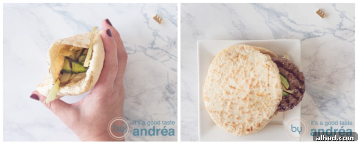 Mediterranean Feta Burgers Made Easy 4 Pita bread filled with juicy burger and grilled vegetables