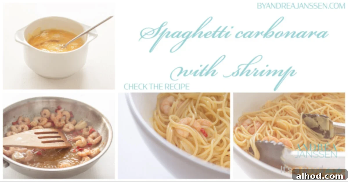 Velvety Shrimp Carbonara 2 spaghetti carbonara with shrimp, a creamy Italian pasta dish