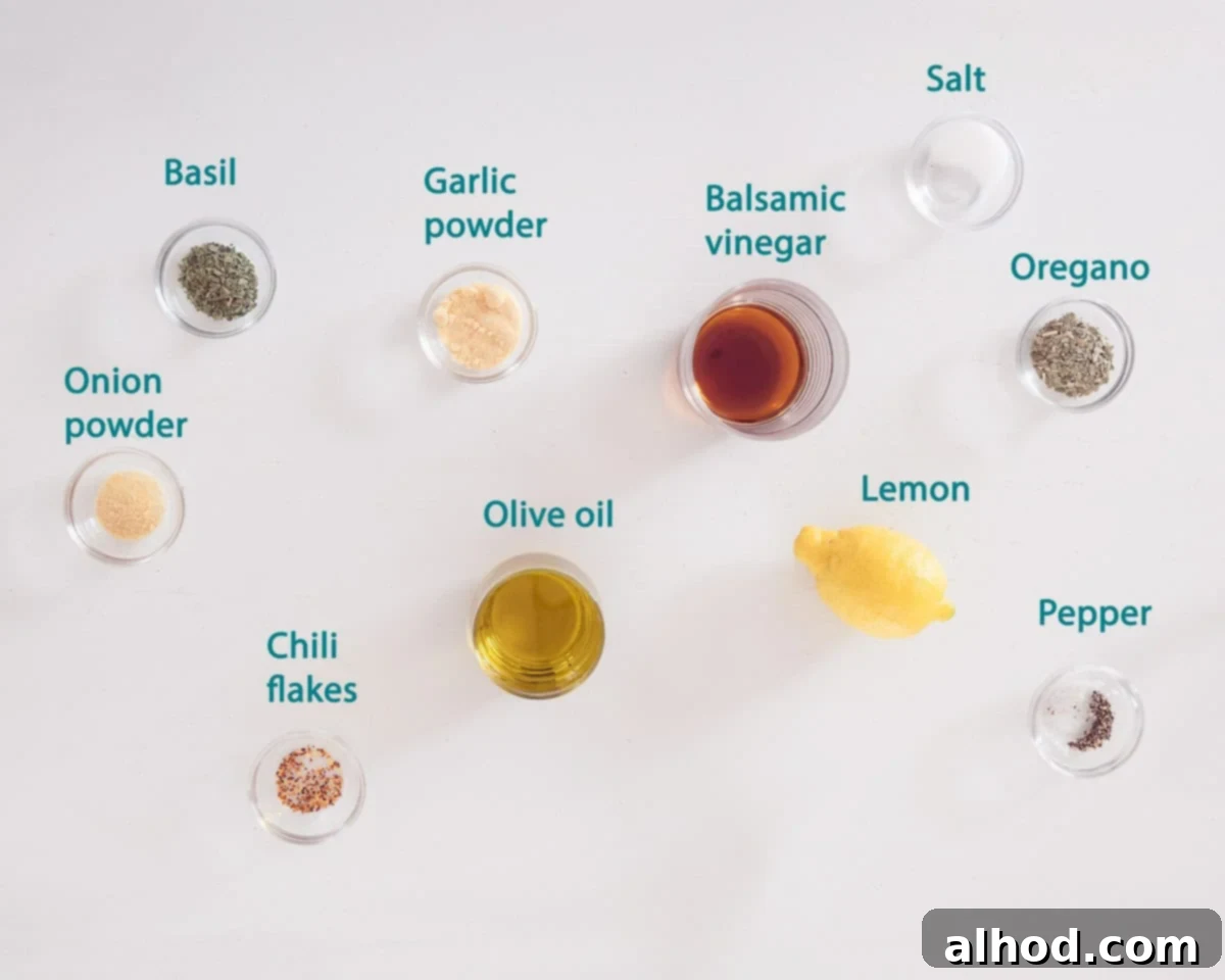 Zesty Italian Veggie Pasta Salad 3 Ingredients Italian Dressing, individually labelled by text on a white background