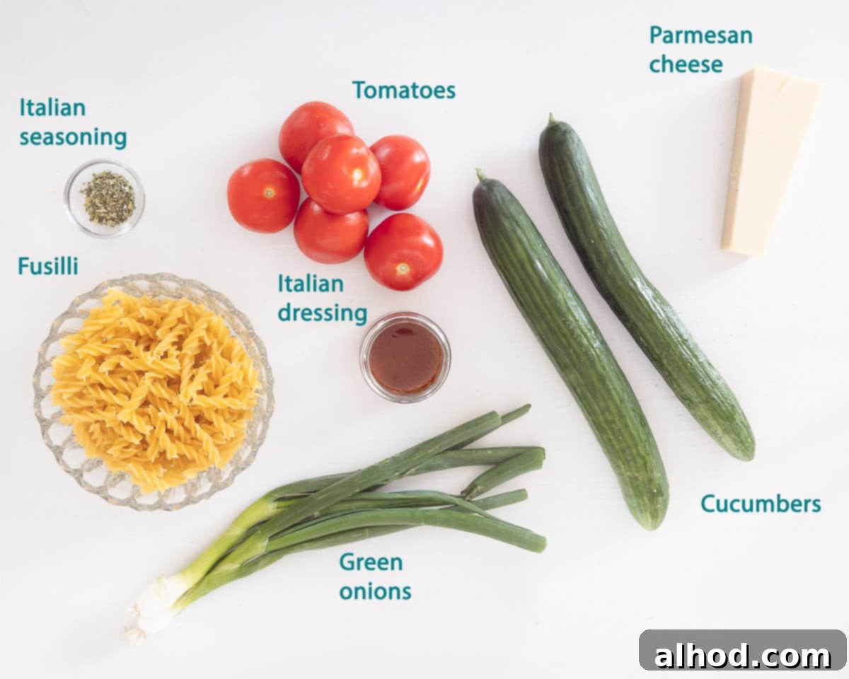 Ingredients Vegetarian Pasta Salad, individually labelled on a white background
