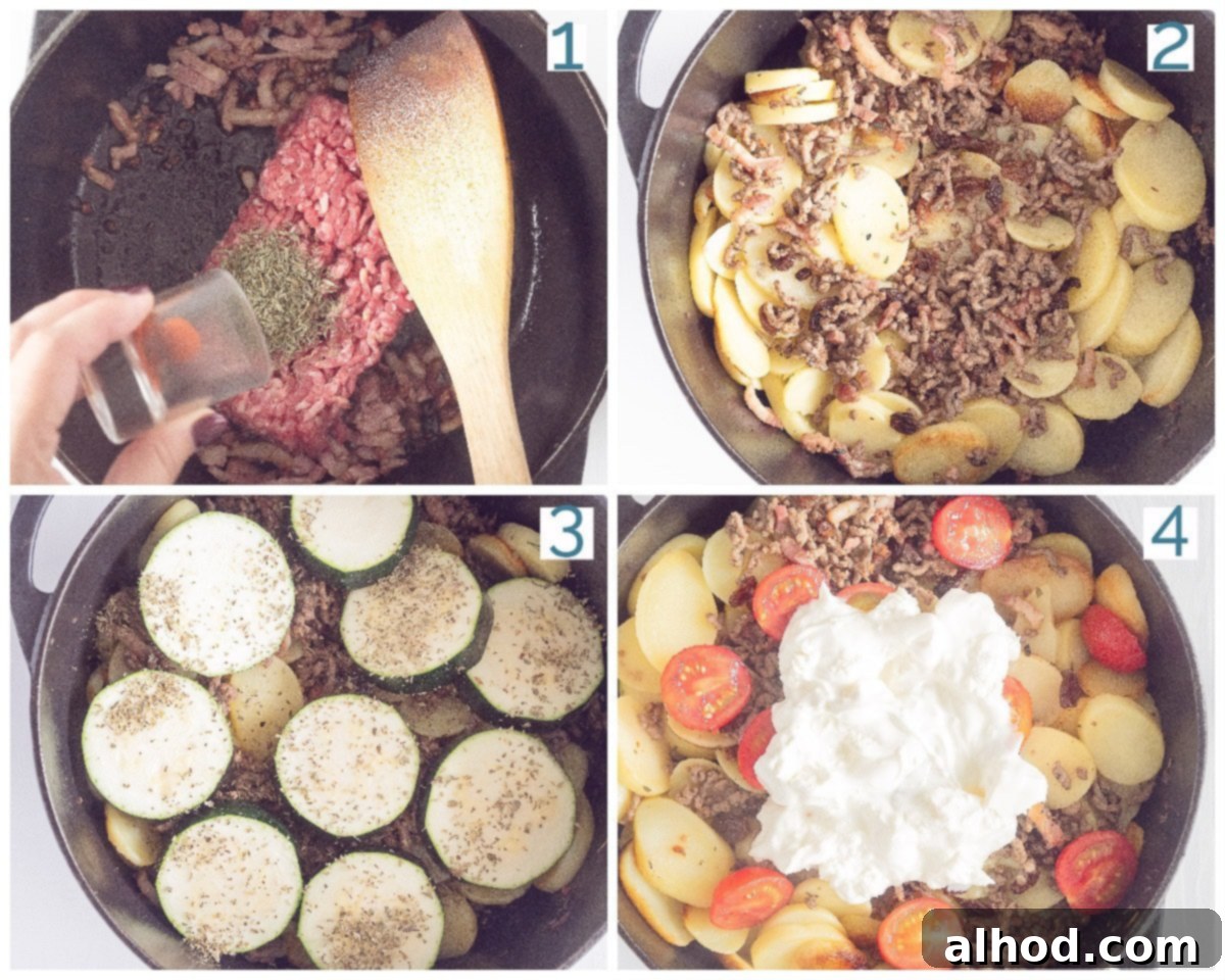 Hearty Greek Beef and Potato Bake 4 Collage 4 photos preparation Greek stew with minced meat