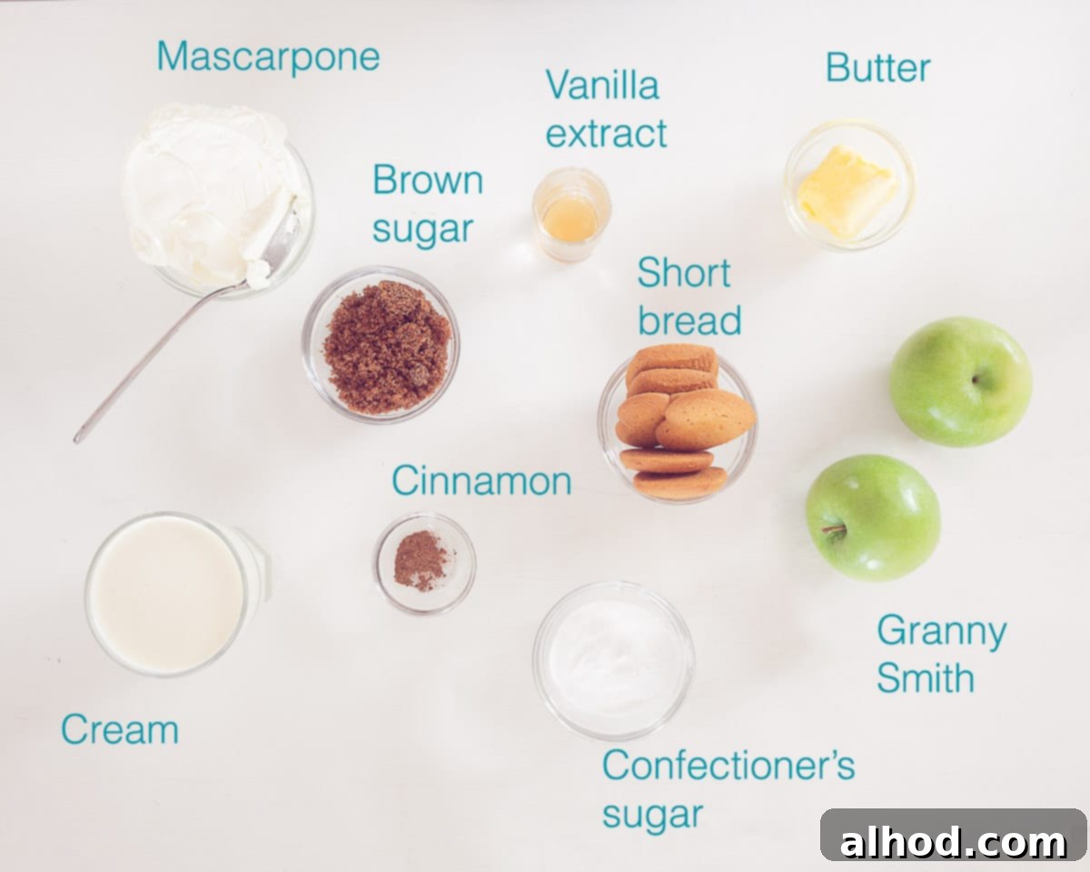 No-Fuss Apple Pie Ice Cream Dream 3 An overhead shot showcasing all the essential ingredients for Apple Pie Ice Cream, neatly arranged and individually labelled on a clean white background. Items include fresh Granny Smith apples, a jar of ground cinnamon, dark brown sugar, a stick of butter, a carton of heavy cream, a tub of mascarpone cheese, a bottle of vanilla extract, confectioner's sugar, and a packet of shortbread cookies.