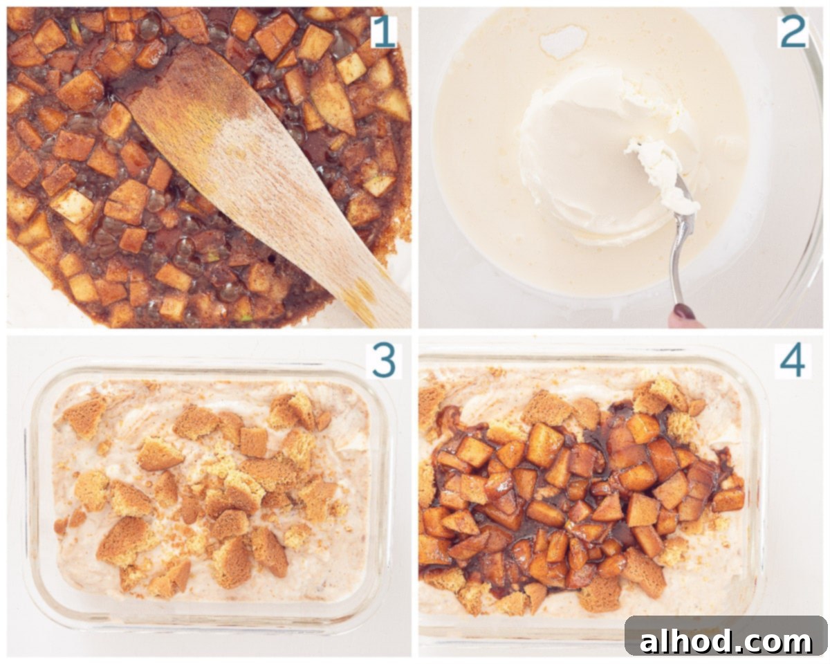 No-Fuss Apple Pie Ice Cream Dream 4 A four-photo collage illustrating the preparation stages of the Apple Pie Ice Cream: (1) peeling and dicing apples, (2) mixing the apples with cinnamon and brown sugar, (3) cooking the seasoned apples in a skillet until caramelized, and (4) gently folding the prepared ingredients into the creamy base.
