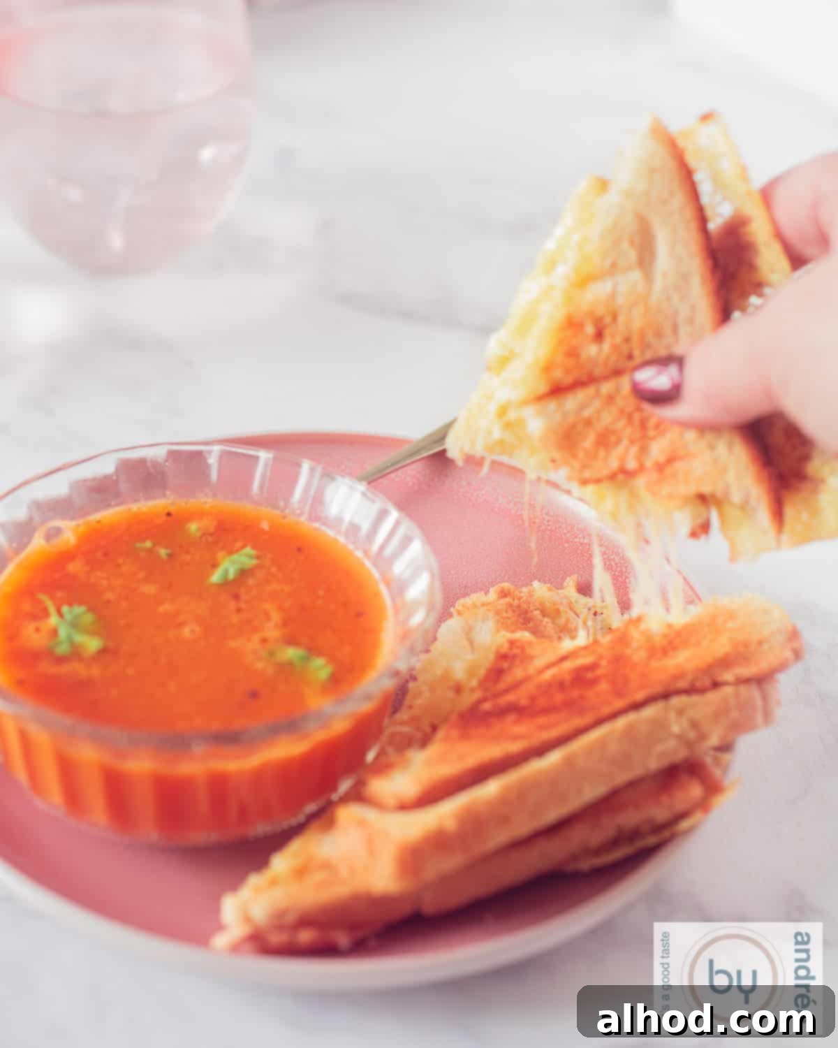 Herbed Tomato Soup and Gooey Grilled Cheese 2 A photo of a pink plate with a glass bowl of vibrant tomato soup and a crispy grilled cheese sandwich with a piece torn off, revealing luscious, stretching melted cheese.