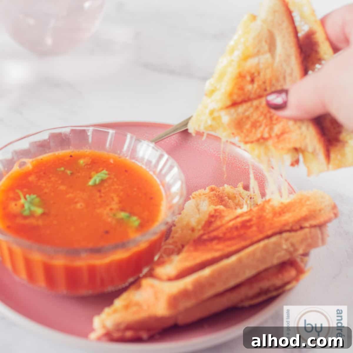 Herbed Tomato Soup and Gooey Grilled Cheese 4 A square photo of a bowl of rich tomato soup garnished with fresh parsley and a golden grilled cheese sandwich with a piece broken off, revealing irresistible streaks of melted cheese.