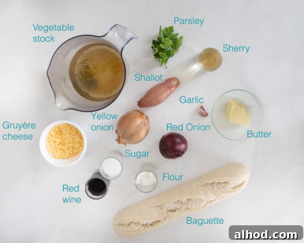 Caramelized Red Onion Soup with Crispy Cheese Toast 3 A beautifully arranged collage of individual ingredients for Red Onion Soup with Cheese Toast on a clean white background, including onions, garlic, butter, flour, wine, sherry, stock, baguette, Gruyere cheese, and parsley.