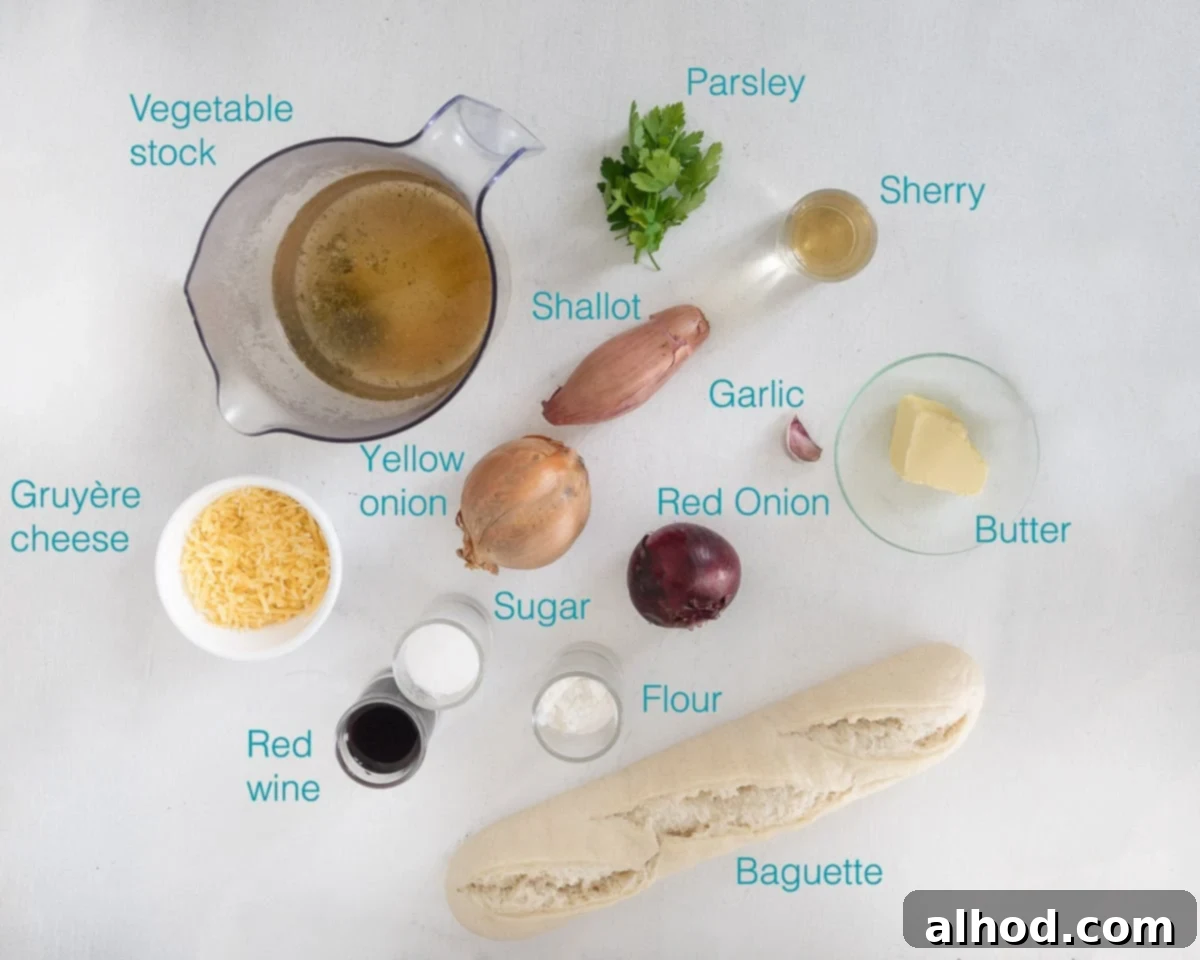 Hearty Red Onion Soup with Cheesy Toast 3 A beautifully arranged flat lay of all the fresh ingredients needed for Red Onion Soup with Cheese Toast, individually labelled against a clean white background. Includes various onions, butter, garlic, flour, sugar, vegetable stock, red wine, sherry, baguette, Gruyère cheese, and parsley.