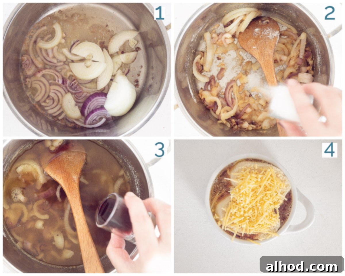 Caramelized Red Onion Soup with Crispy Cheese Toast 4 A four-photo collage showing the preparation stages of Red Onion Soup with Cheese Toast, from slicing onions to the finished broiled topping.