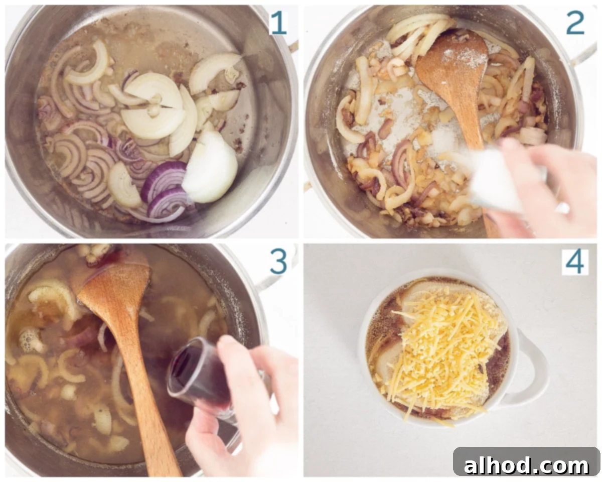 Hearty Red Onion Soup with Cheesy Toast 4 A four-photo collage showing the preparation stages of Red Onion Soup with Cheese Toast: sliced onions in a pan, onions caramelizing, broth simmering, and soup bowls ready for grilling with baguette slices and cheese.