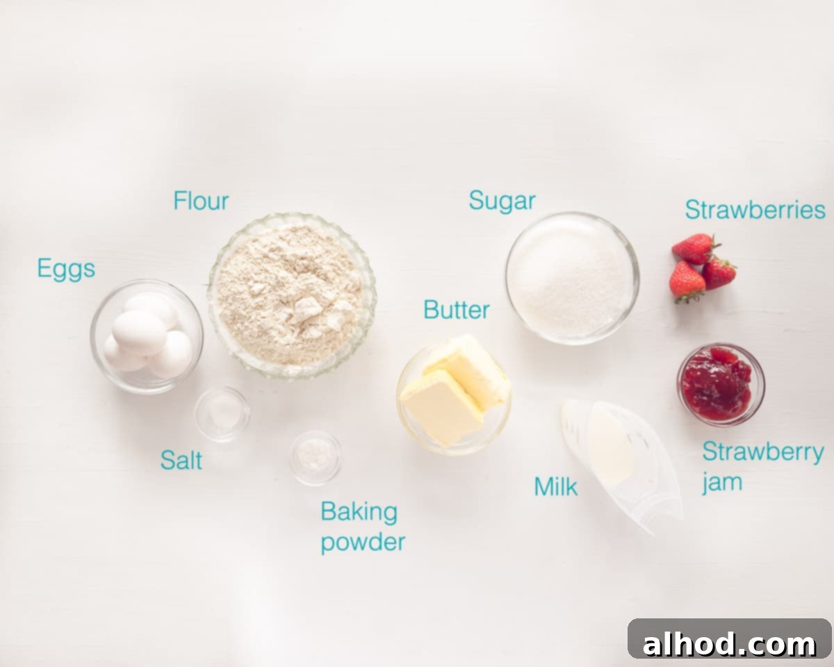 Sweet Strawberry Bliss Cupcakes 3 Ingredients for Strawberry Filled Cupcakes laid out on a white background with descriptive text