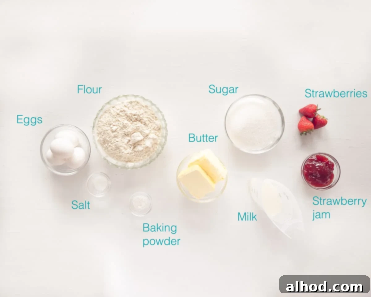 Strawberry Burst Cupcakes 3 A beautifully arranged flat lay of all the essential ingredients for making strawberry filled cupcakes, including flour, butter, sugar, eggs, milk, baking powder, and fresh strawberries, on a crisp white background with descriptive text.