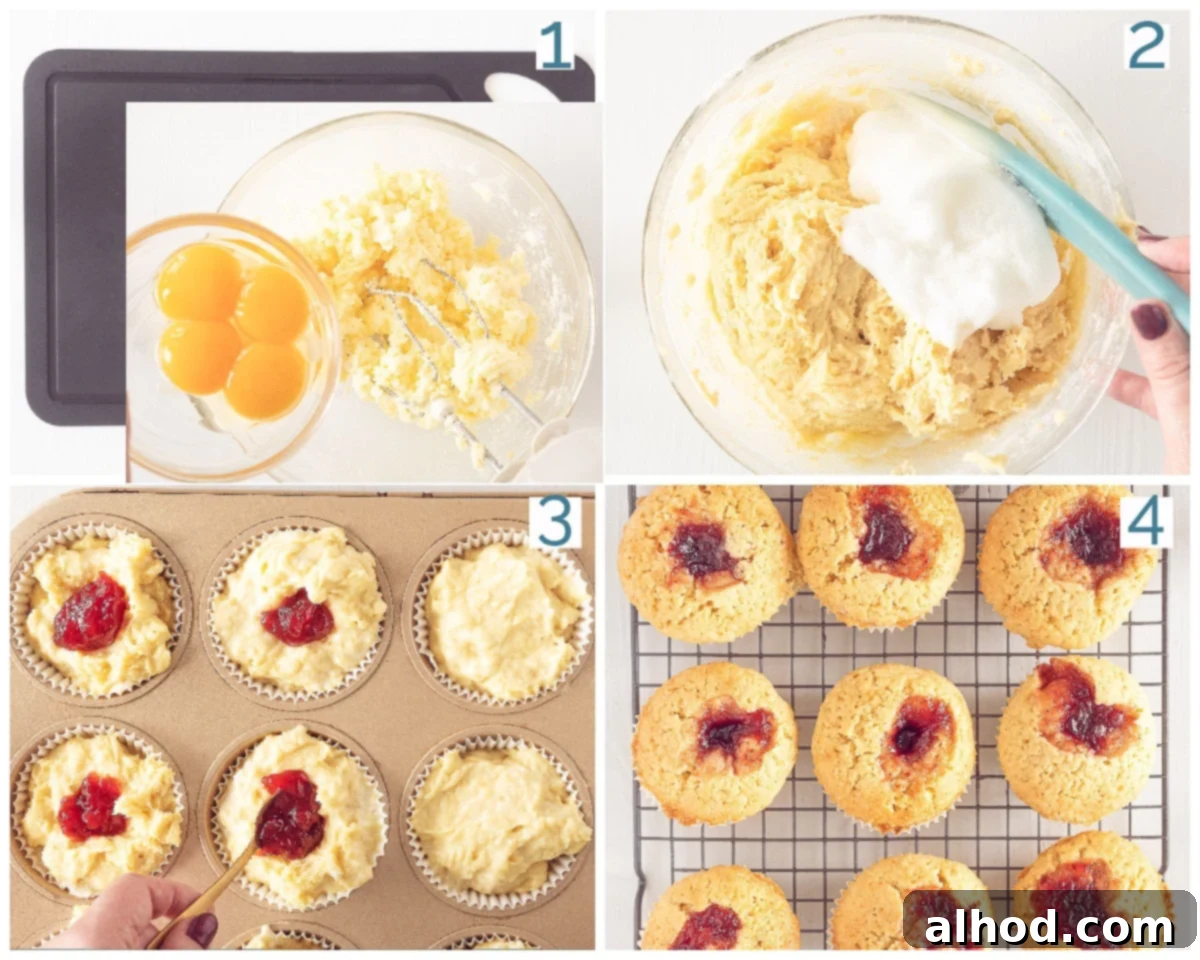 Strawberry Burst Cupcakes 4 A visual collage showing four key steps in making strawberry filled cupcakes: mixing ingredients, filling cups, baking, and decorating.