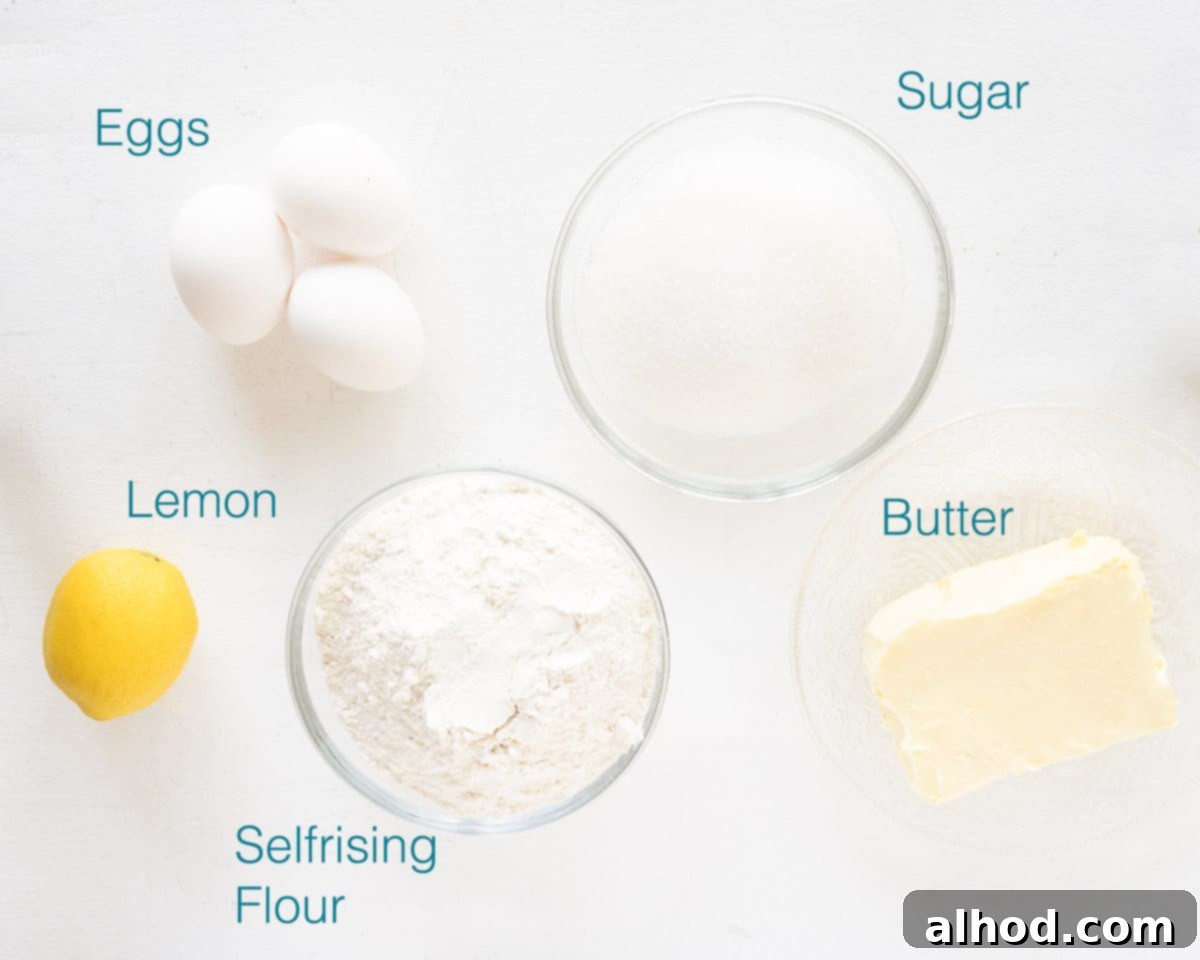 Golden Dutch Pound Cake 3 A flat lay of essential ingredients for Traditional Dutch Pound Cake on a clean white background, including flour, sugar, eggs, butter, and a lemon.
