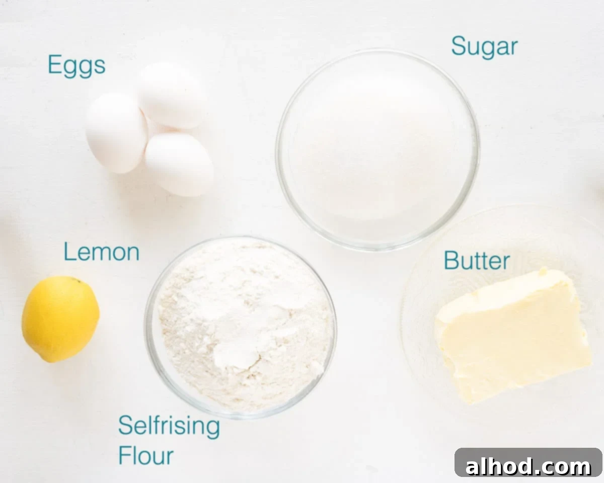 A selection of ingredients for the Traditional Dutch Pound Cake recipe, neatly arranged on a white background.