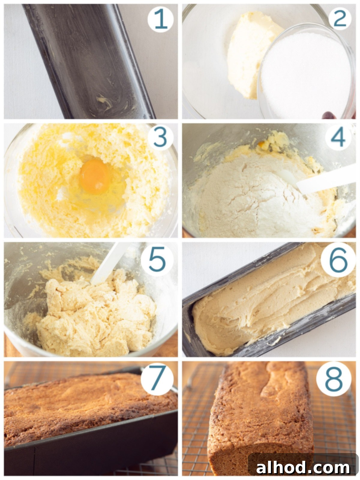Golden Dutch Pound Cake 4 A collage of 8 sequential images illustrating the process of preparing a Dutch pound cake, from mixing ingredients to placing the batter in the loaf pan.