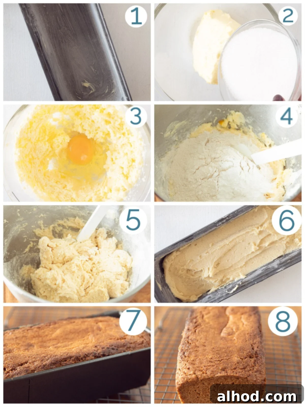 A series of 8 photographs illustrating the step-by-step preparation of a Dutch pound cake.