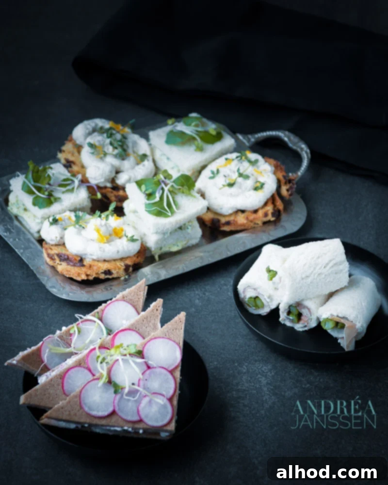 Exquisite High Tea: Four Sandwiches for a Lasting Impression 2 Four varieties of luxurious high tea sandwiches: elegant asparagus roll-ups, creamy chicken mousse on raisin bread, sophisticated smoked salmon and watercress, and refreshing radish tea sandwiches on rye.