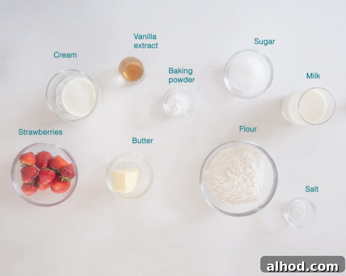 Strawberry and Cream Scones 3 Ingredients English Scones with Strawberry and Cream, individually labelled on a white background