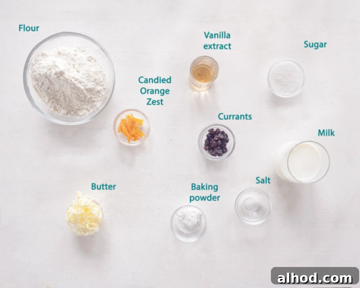 Ingredients Quick Orange-Currant Scones for Tea on a white background with individual text labeling.