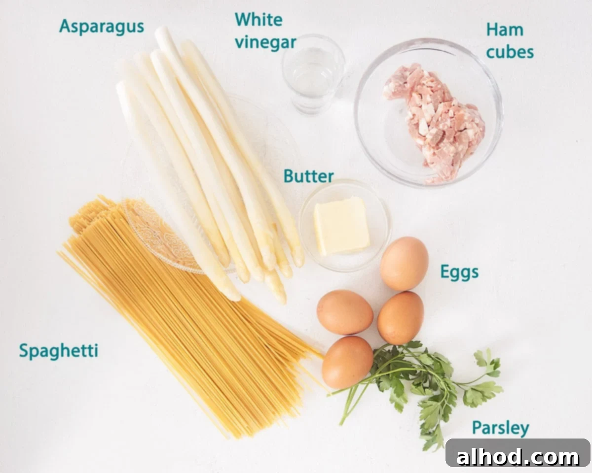 Effortless Asparagus Pasta with Poached Egg 3 Ingredients for Pasta with Asparagus & Poached Egg laid out on a white background with descriptive text.