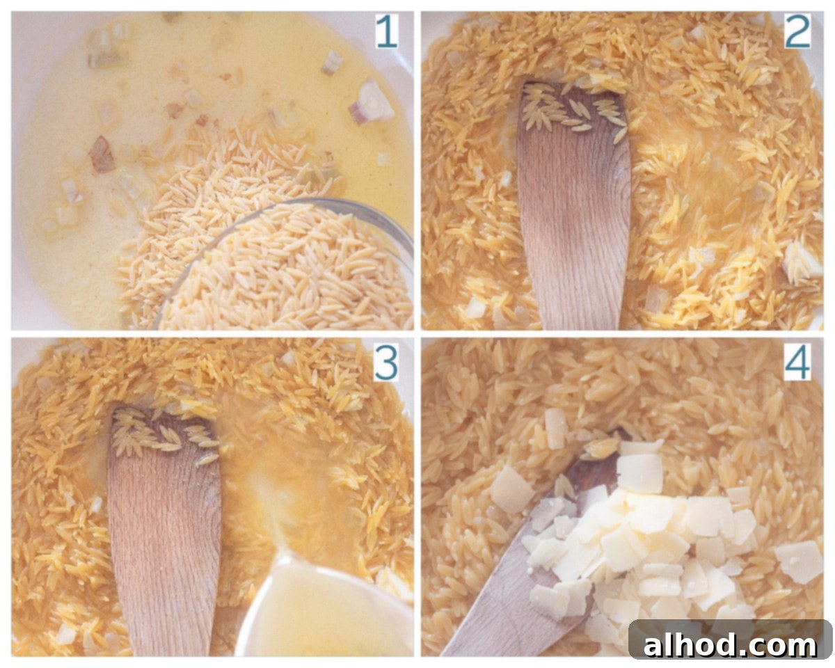 Zesty Lemon and Parmesan Arugula Risotto 4 A four-panel photo collage showing the step-by-step preparation of risotto with shrimp and arugula