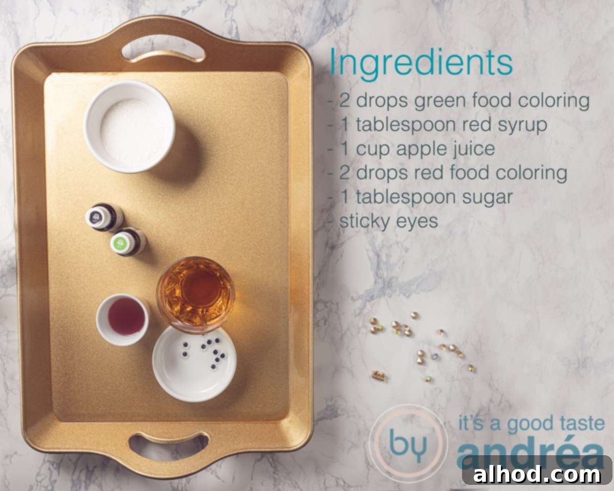 Kid-Friendly Halloween Potions 3 Ingredients for Kids Halloween drink non alcoholic including apple juice, red and green syrup, food coloring, and black sugar.