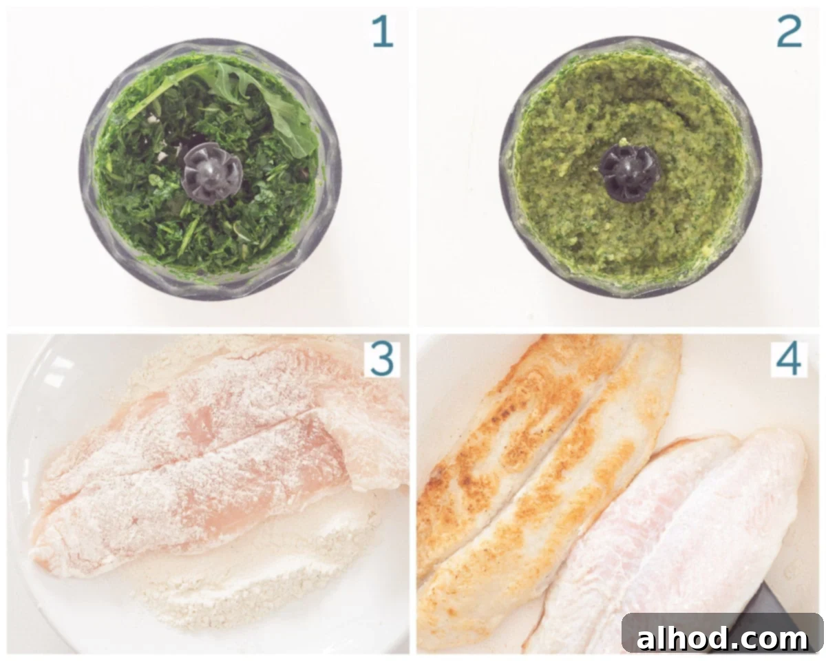 A 4-panel collage photo showcasing the step-by-step preparation of pangasius fillet with pesto and lemon, from making the pesto to frying the fish.