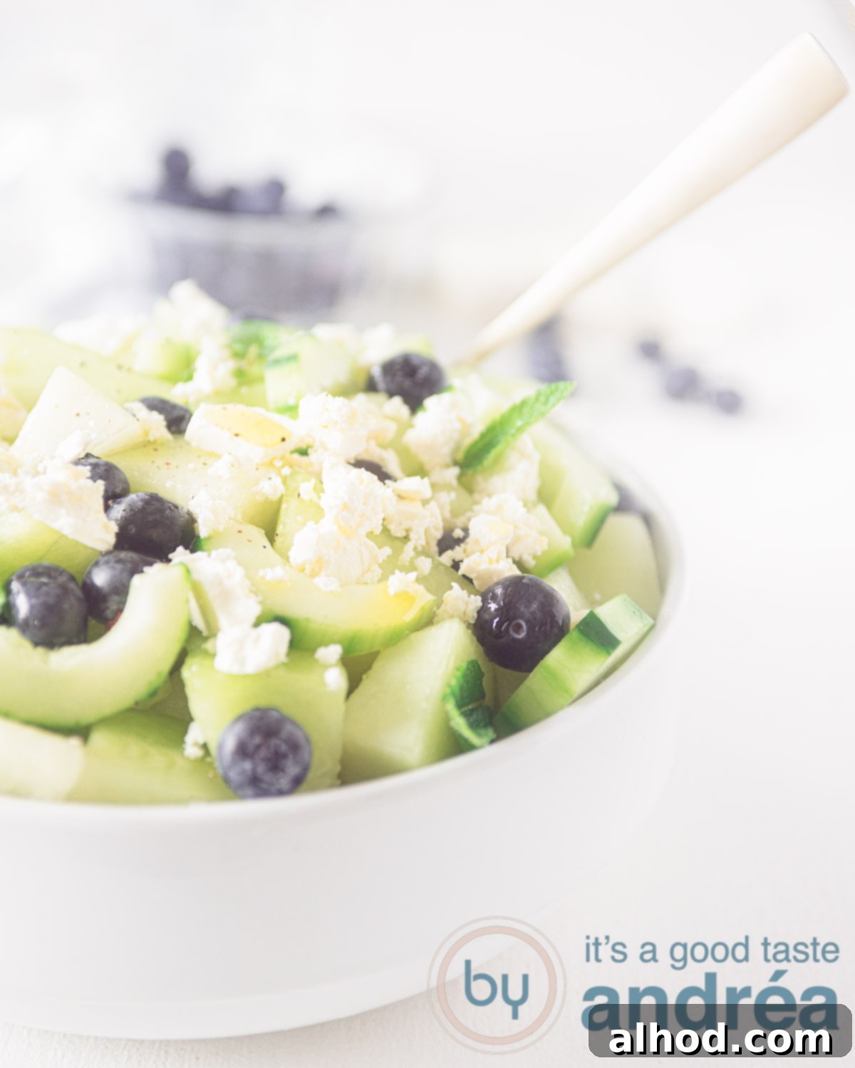 Melon Berry Bliss 5 a white bowl filled with galia melon cubes, cucumber slices, crumbled feta and blueberries. A golden spoon stick in it. A white background