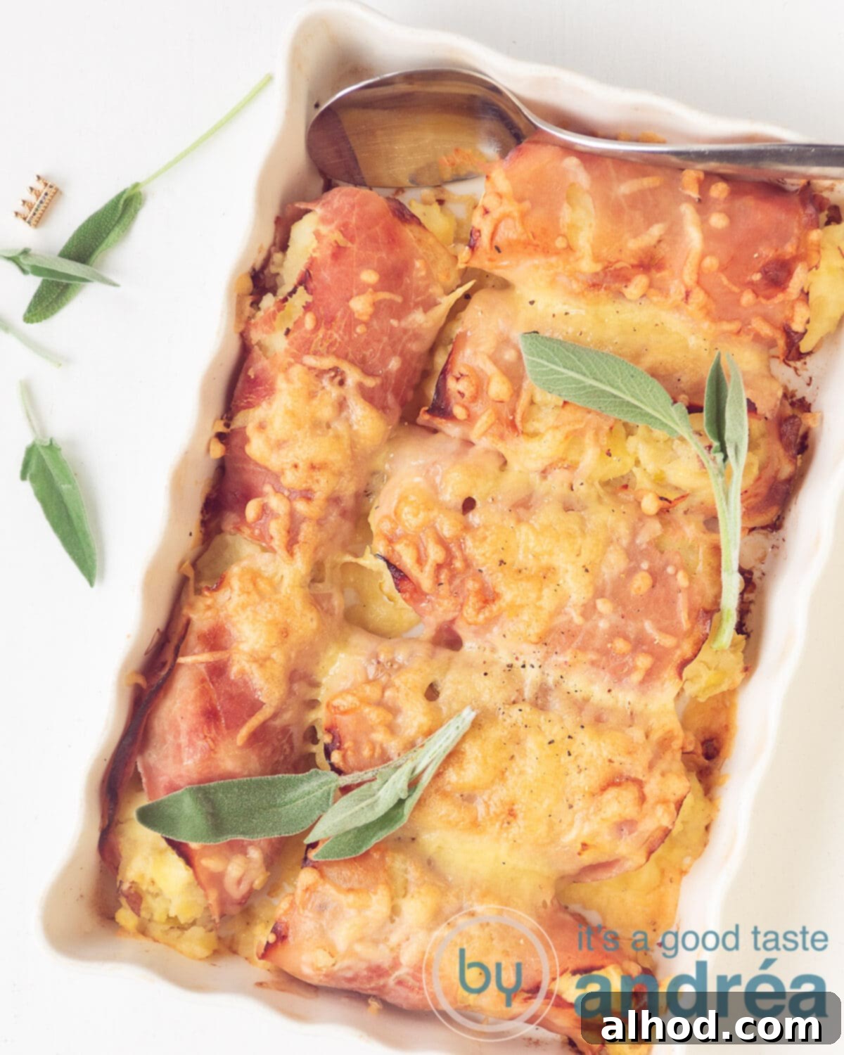 Kid-Friendly Belgian Endive Casserole 2 top photo of a chicory casserole with ham and sage