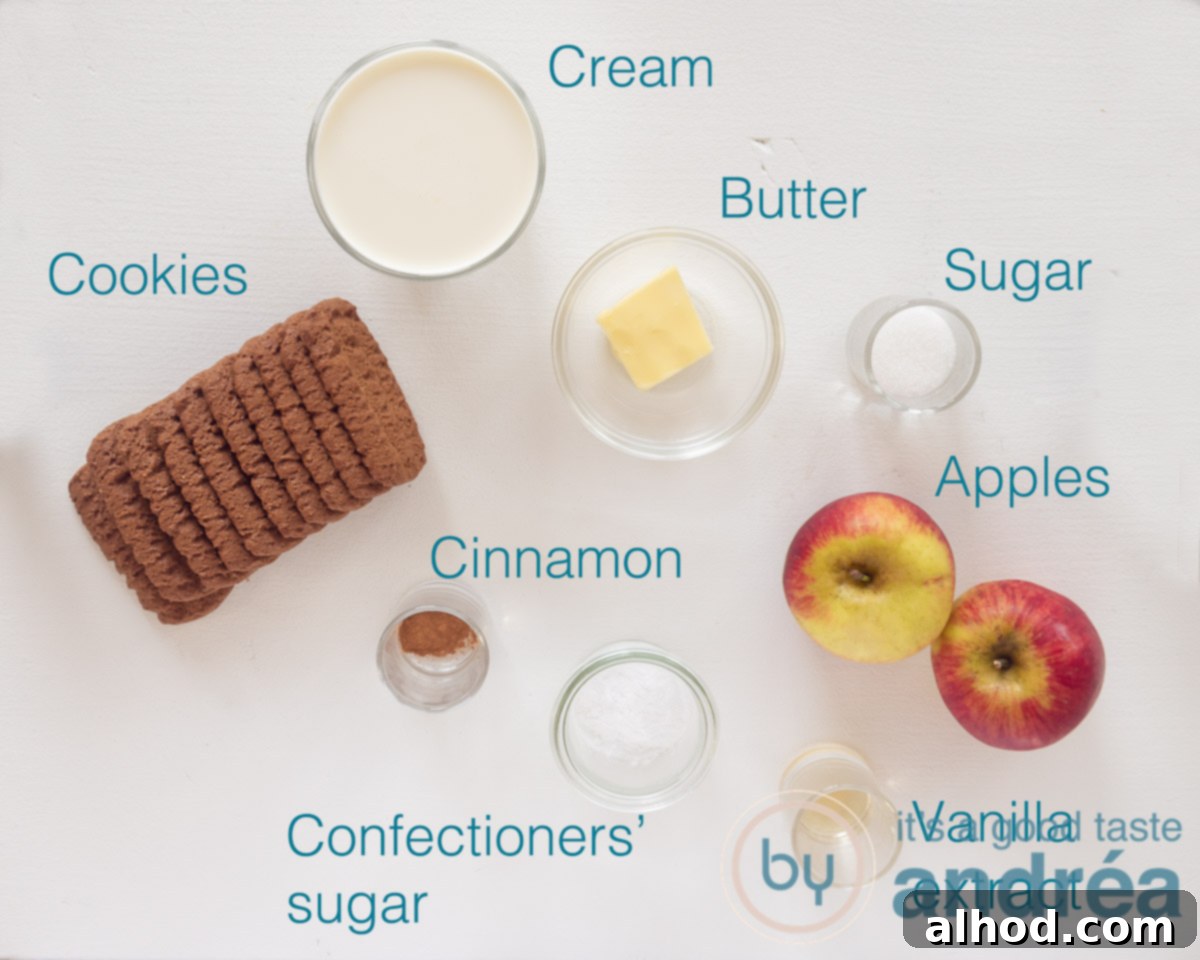 Apple Pie Jars 3 Ingredients for apple pie in a jar, including fresh apples, cookies, cinnamon, sugar, and cream.