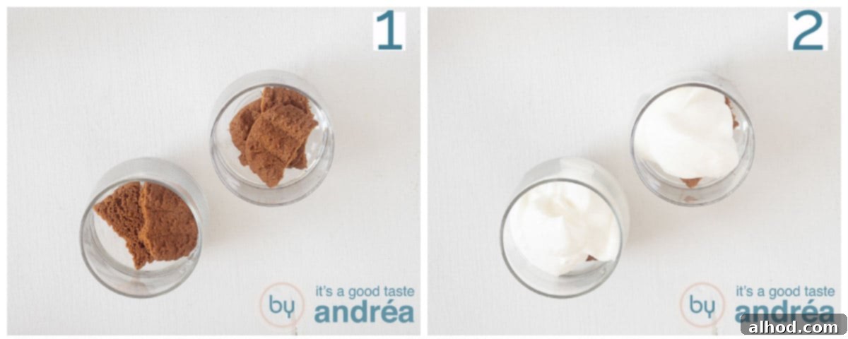 Apple Pie Jars 6 Crumbling cookies at the bottom of glasses and scooping vanilla whipped cream on top for the first layers of apple pie in a jar.