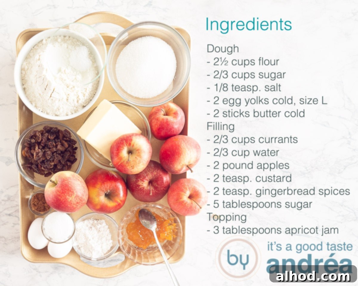 Grandma's Authentic Dutch Apple Pie 3 A flat lay of ingredients for Grandma's Dutch apple pie, including flour, butter, apples, and spices.