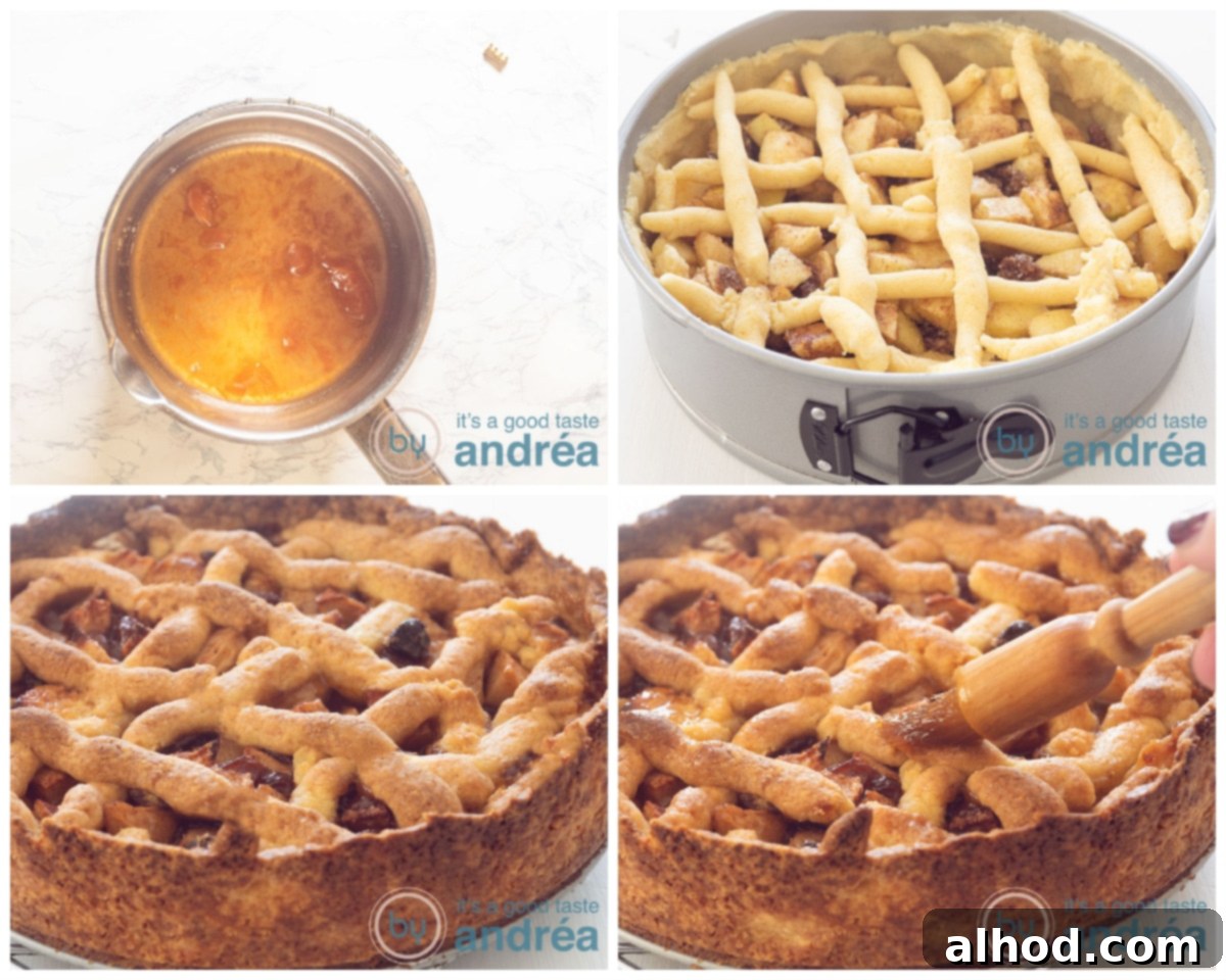 Grandma's Authentic Dutch Apple Pie 8 A baked Dutch apple pie with a lattice top, being brushed with apricot glaze.