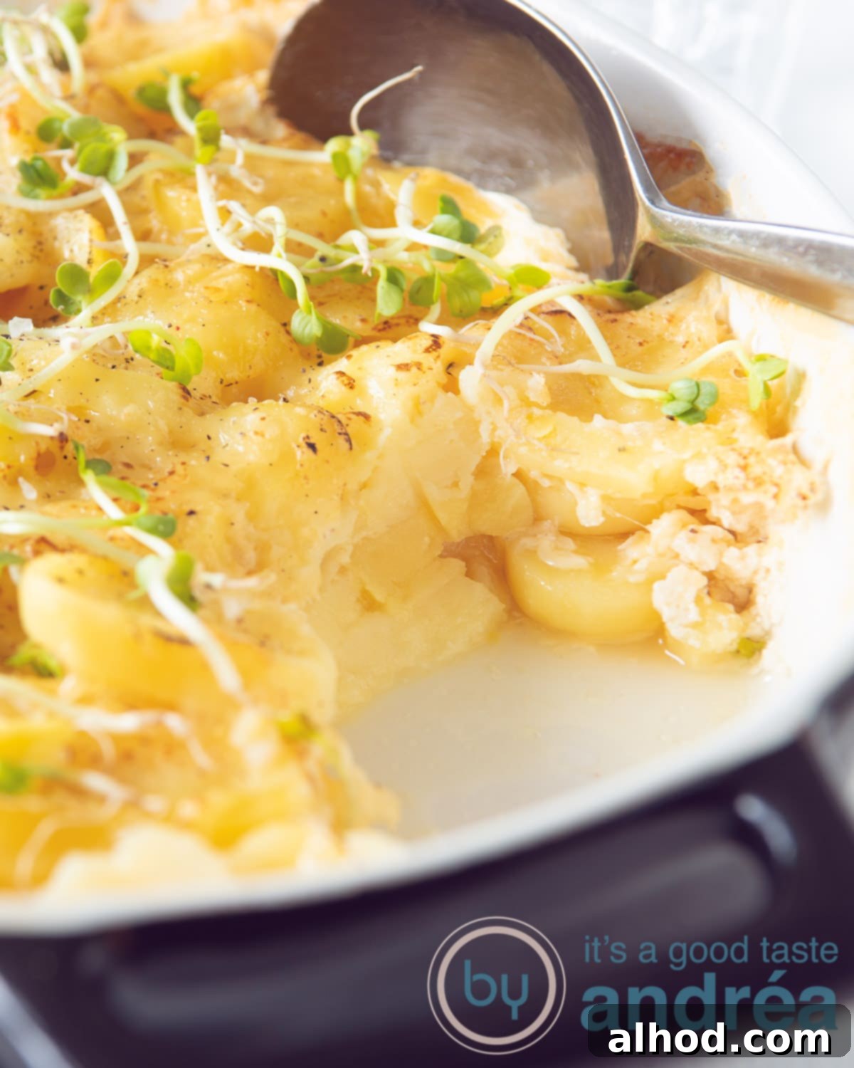 Emmentaler Potato Gratin 7 A serving of Emmentaler potato gratin with a spoon, showing creamy layers and golden crust.