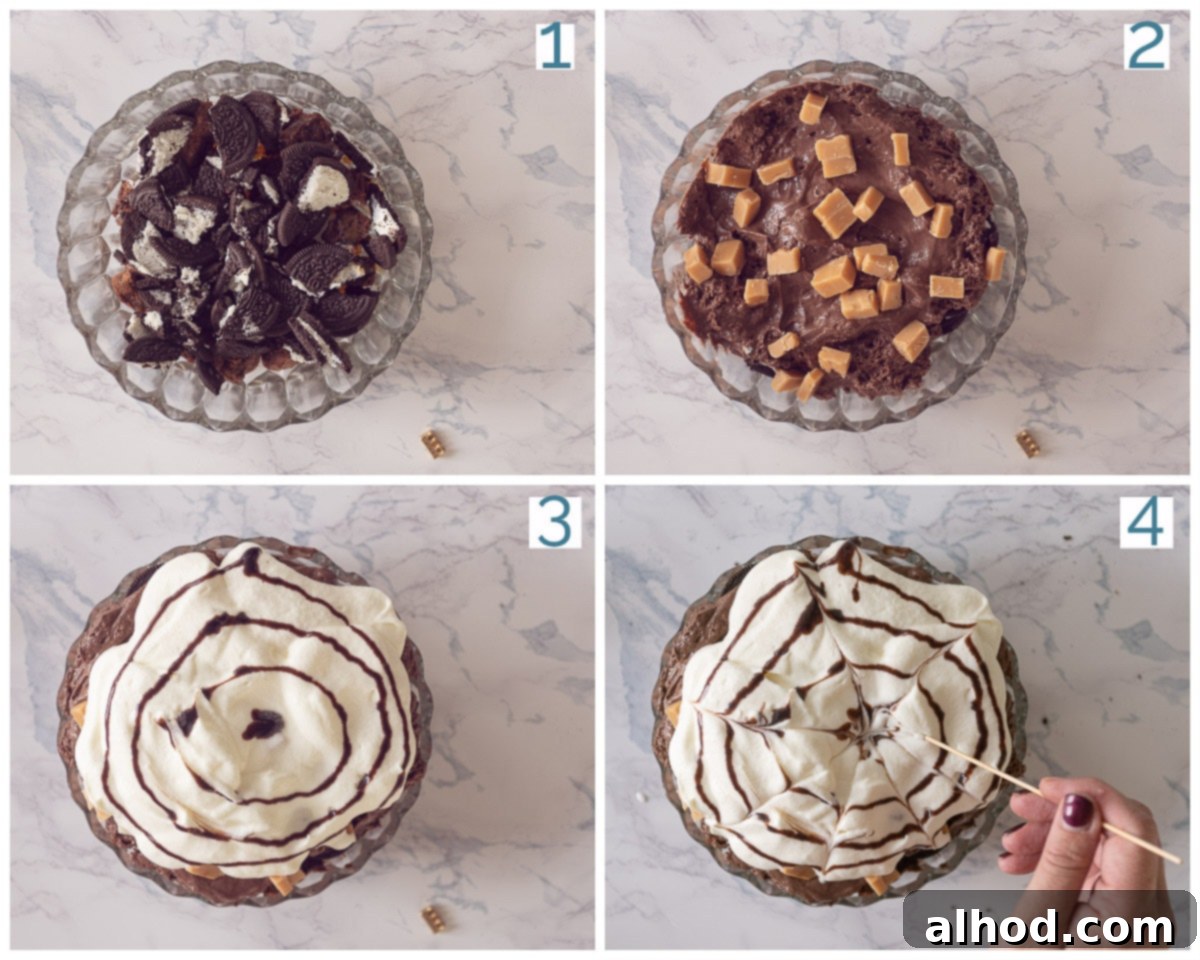 Oreo Brownie Graveyard Trifle 3 A four-panel collage showing the step-by-step preparation of the Halloween Trifle with Oreo and brownies, including layering ingredients and decorating the spider web.
