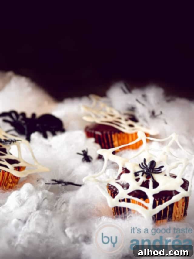 Spooky Nutella Chocolate Spiderweb Cupcakes 3 Halloween recipe Nutella chocolate cupcakes with spiderwebs. A close-up of a cupcake with a delicate white chocolate spiderweb