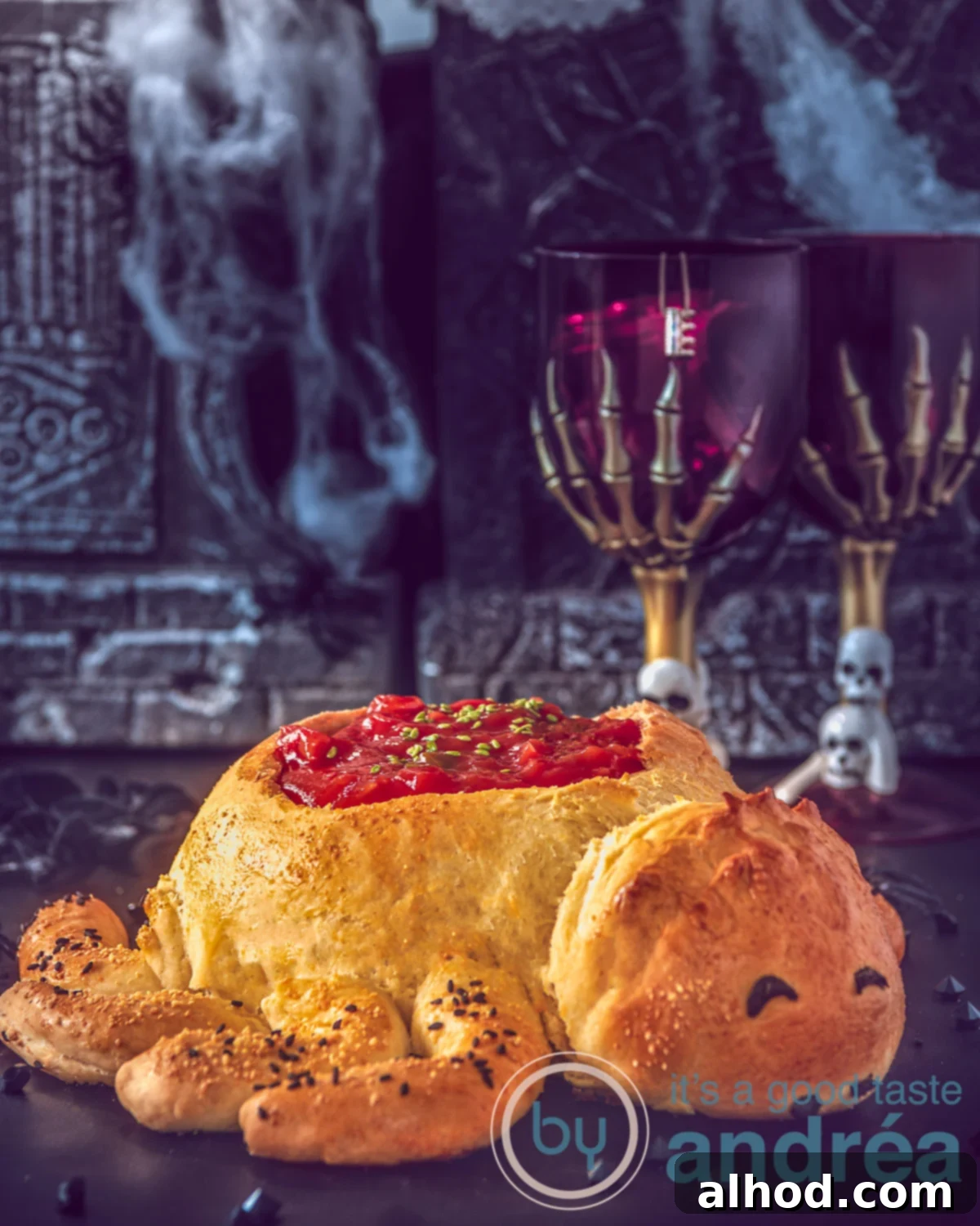 Frightfully Simple Halloween Nacho Dip 2 A bread bowl in spider form containing taco sauce. A dark Halloween mood background.