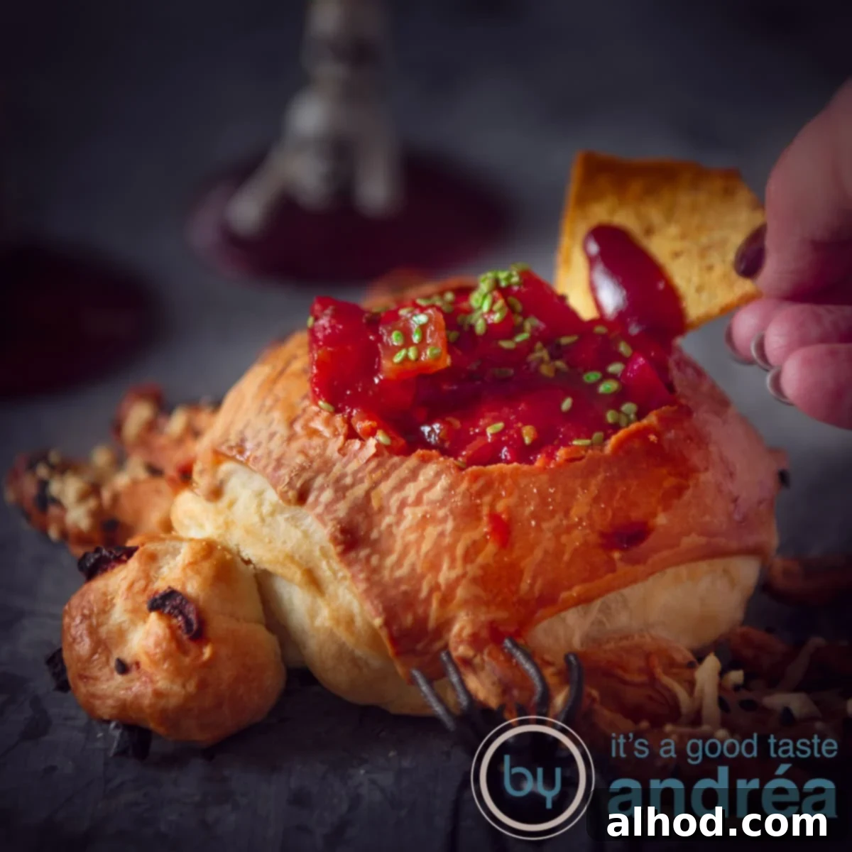 Frightfully Simple Halloween Nacho Dip 4 A square picture of a bread bowl in the form of a spider, containing taco sauce. A nacho dips in the sauce. A dark background