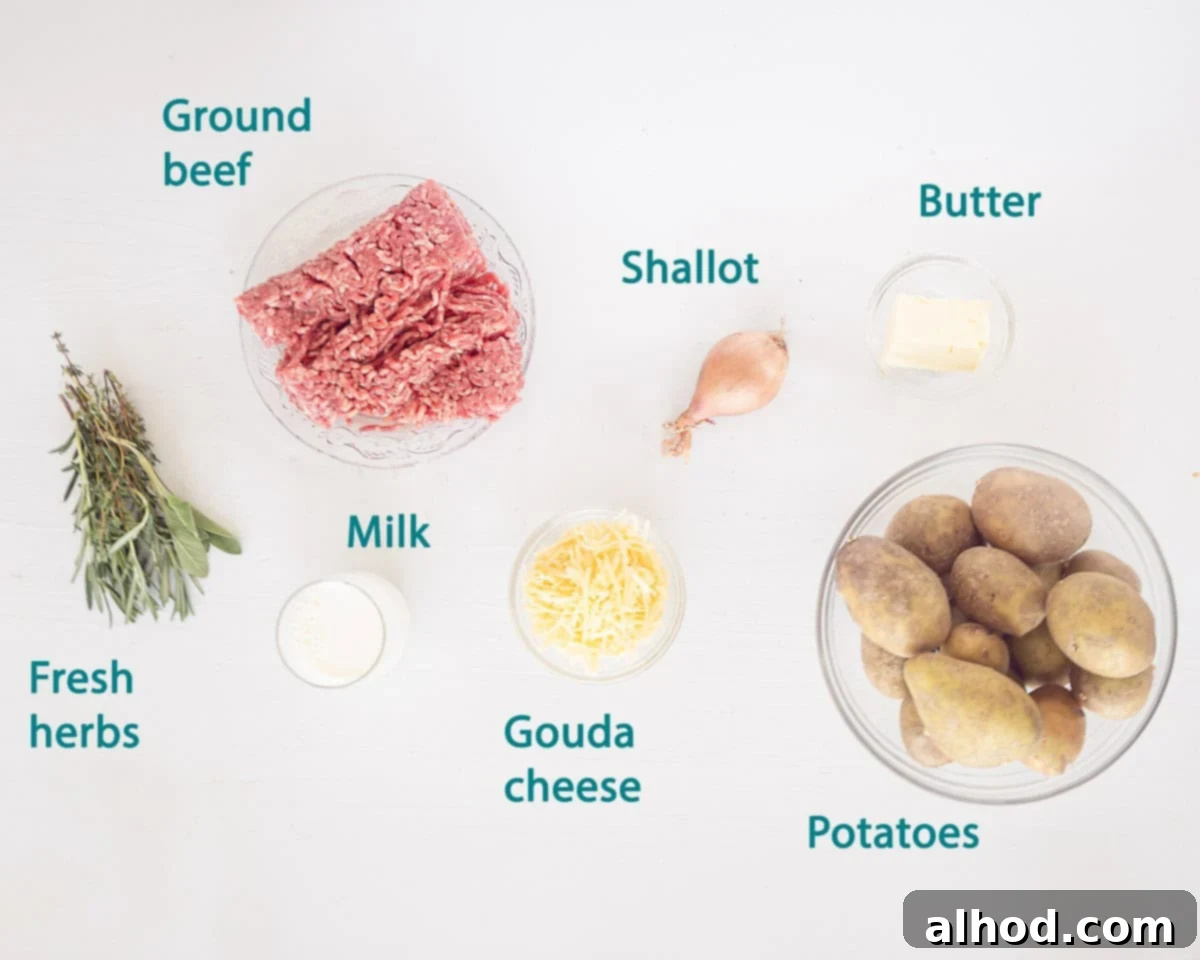 Hearty Beef and Potato Comfort Bake 3 Ingredients Classic Potato and Ground Beef Casserole on a white background. With a text description.