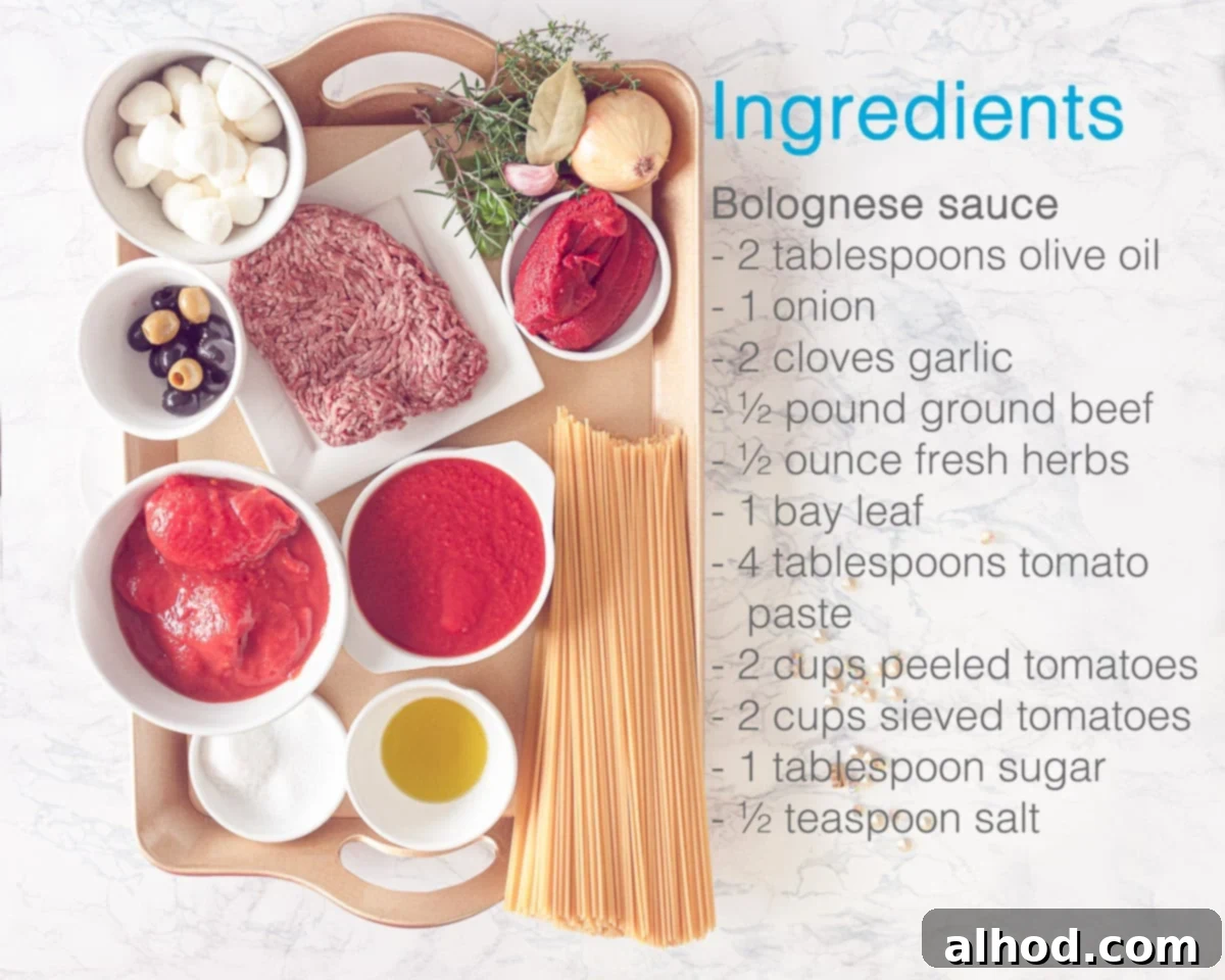 Witch's Cauldron Bolognese 3 Ingredients for the bolognese sauce including ground beef, tomatoes, herbs, onion, garlic, and olive oil.