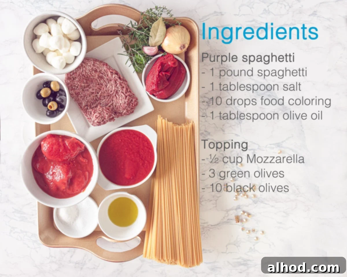 Witch's Cauldron Bolognese 4 Ingredients for purple spaghetti and topping like mozzarella, black and green olives, and food coloring.