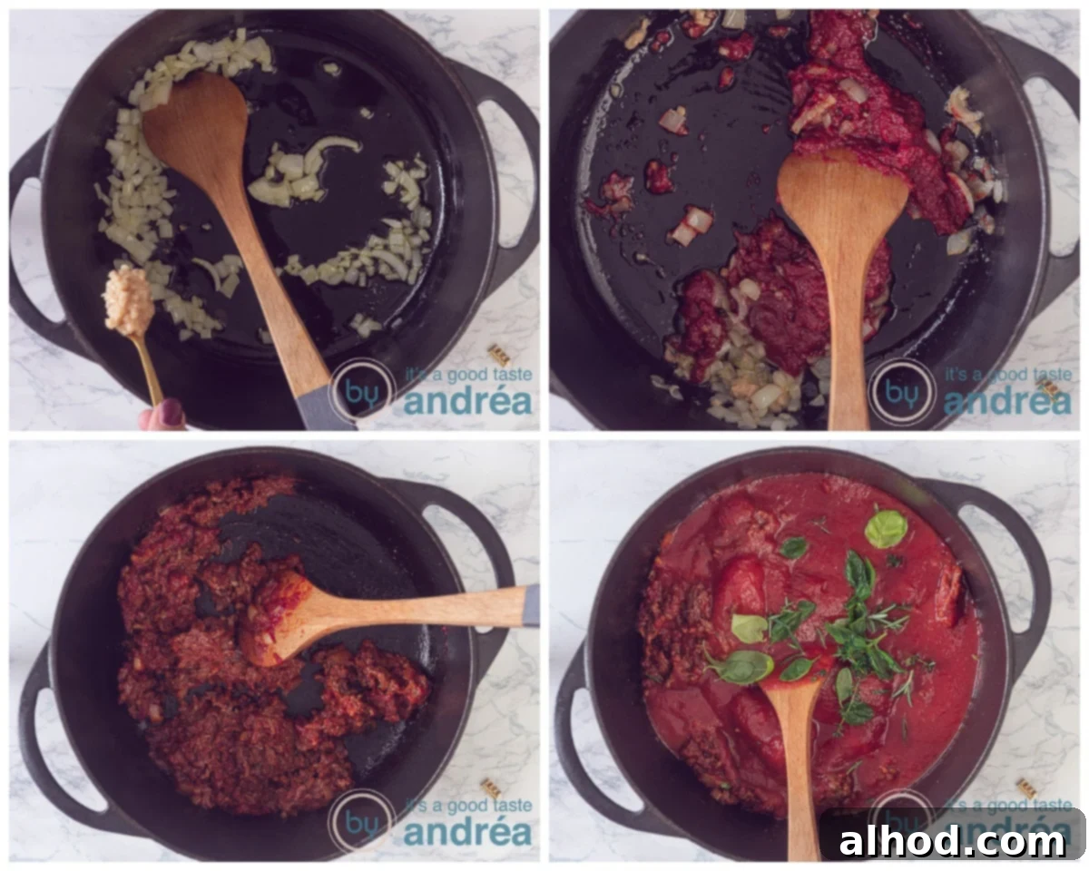 Witch's Cauldron Bolognese 5 Prepare the bolognese sauce by frying onions, garlic, tomato paste, and ground beef, then simmering with tomatoes and herbs.