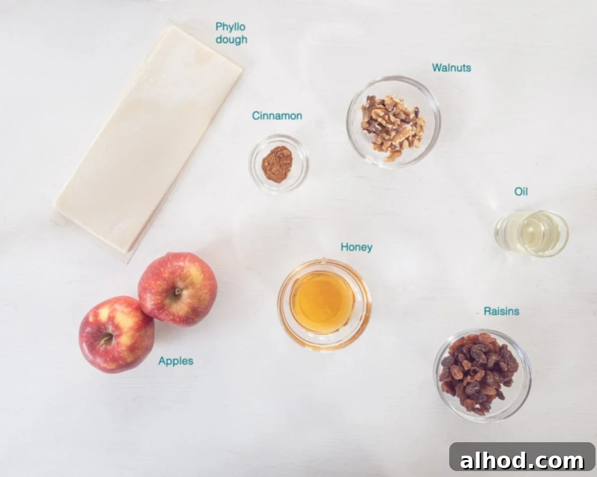 Ingredients Phyllo Dough Apple Turnovers, individually labelled on a white background