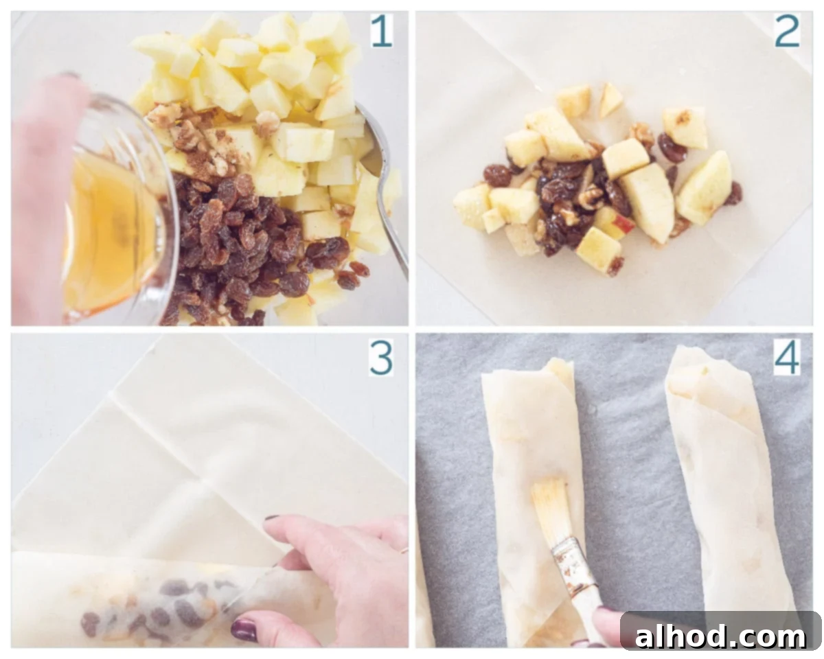 4 collage photo preparation Slim apple turnovers from Phyllo Dough Apple Turnovers