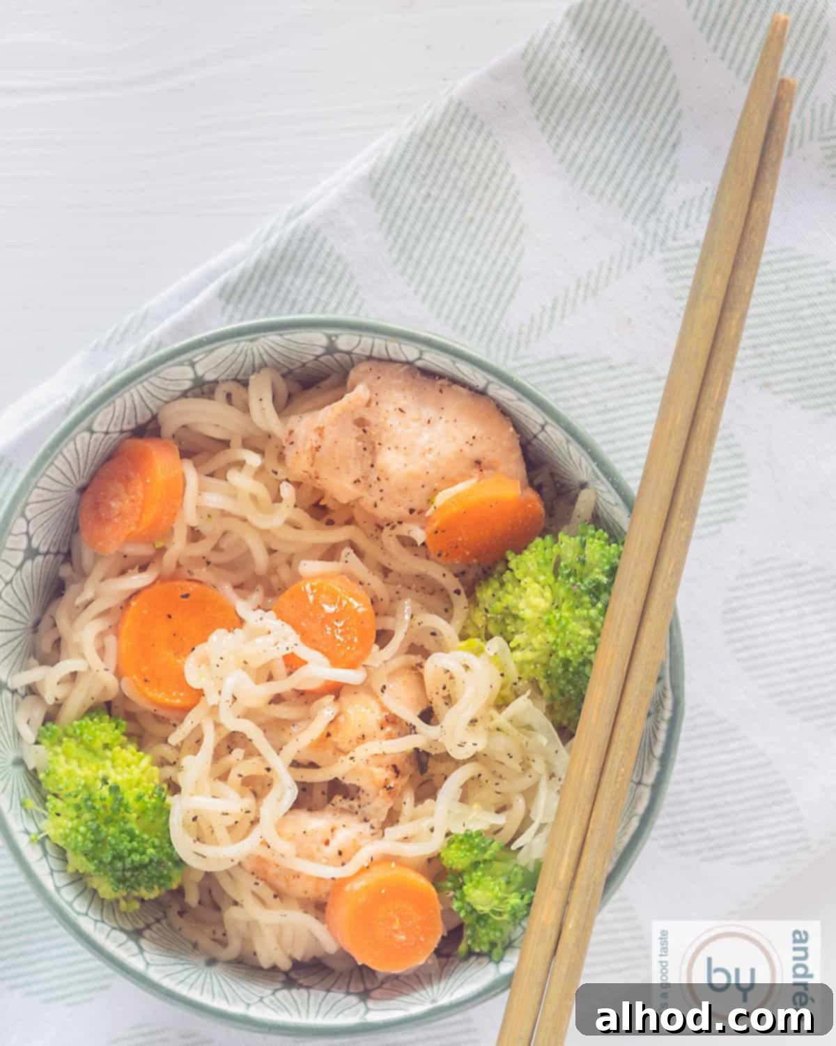 Speedy Chicken Noodle Stir-Fry with Garden-Fresh Veggies 7 A beautiful top-down view of a vibrant bowl of chicken stir-fry with noodles, bright orange carrots, and green broccoli florets. Two chopsticks are resting on the rim of the bowl, inviting you to dig in.
