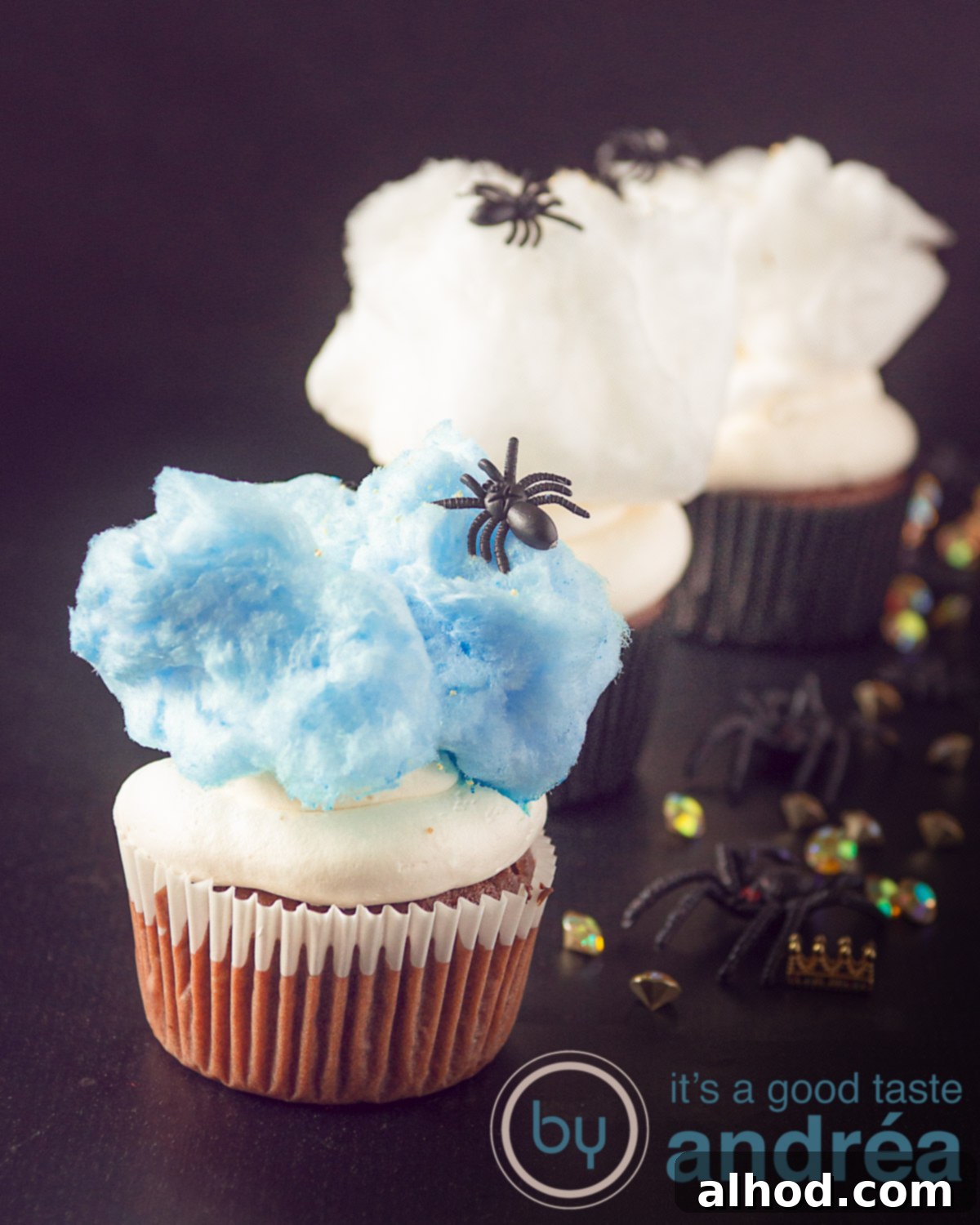 Spooktacular Mascarpone Cream Cupcakes 2 Spooky Spider Chocolate Cupcakes with Mascarpone Frosting and Cotton Candy for Halloween