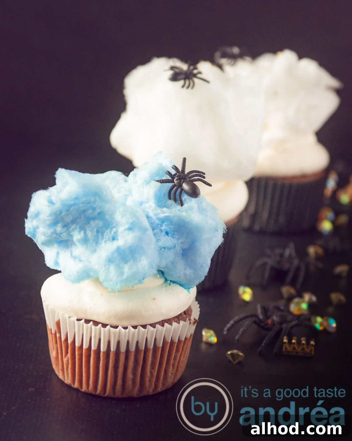 Ghastly Good Mascarpone Cupcakes 2 Spider cupcakes with mascarpone frosting and cotton candy