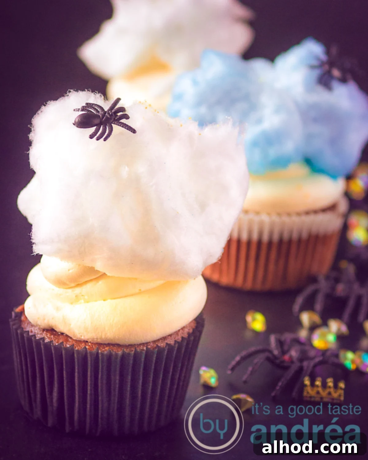 Ghastly Good Mascarpone Cupcakes 3 Spider cupcakes with mascarpone frosting and cotton candy